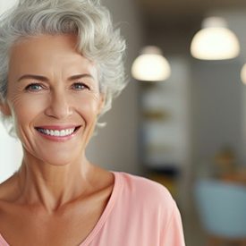 Smiling mature woman with implant dentures